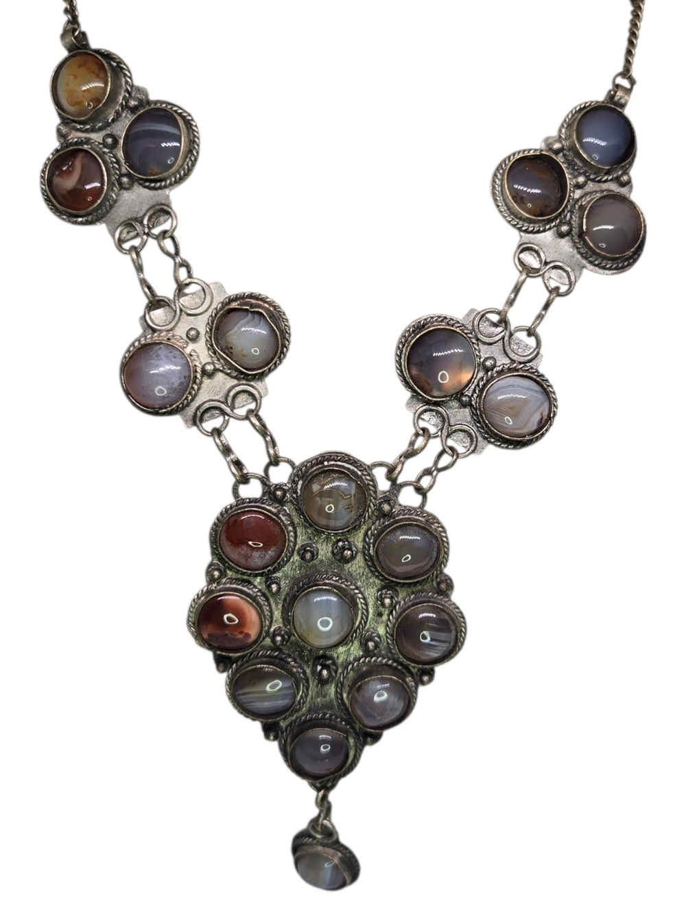 Vintage Agat Multi Color Silver Statement Necklace - Silver & Gray Base Metal